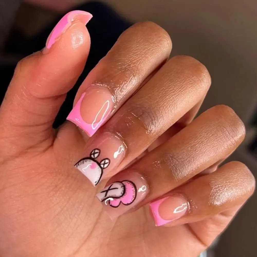 Faux ongles français dessin animé, 24 pièces, carré court, rose, escargot, couverture complète, poig