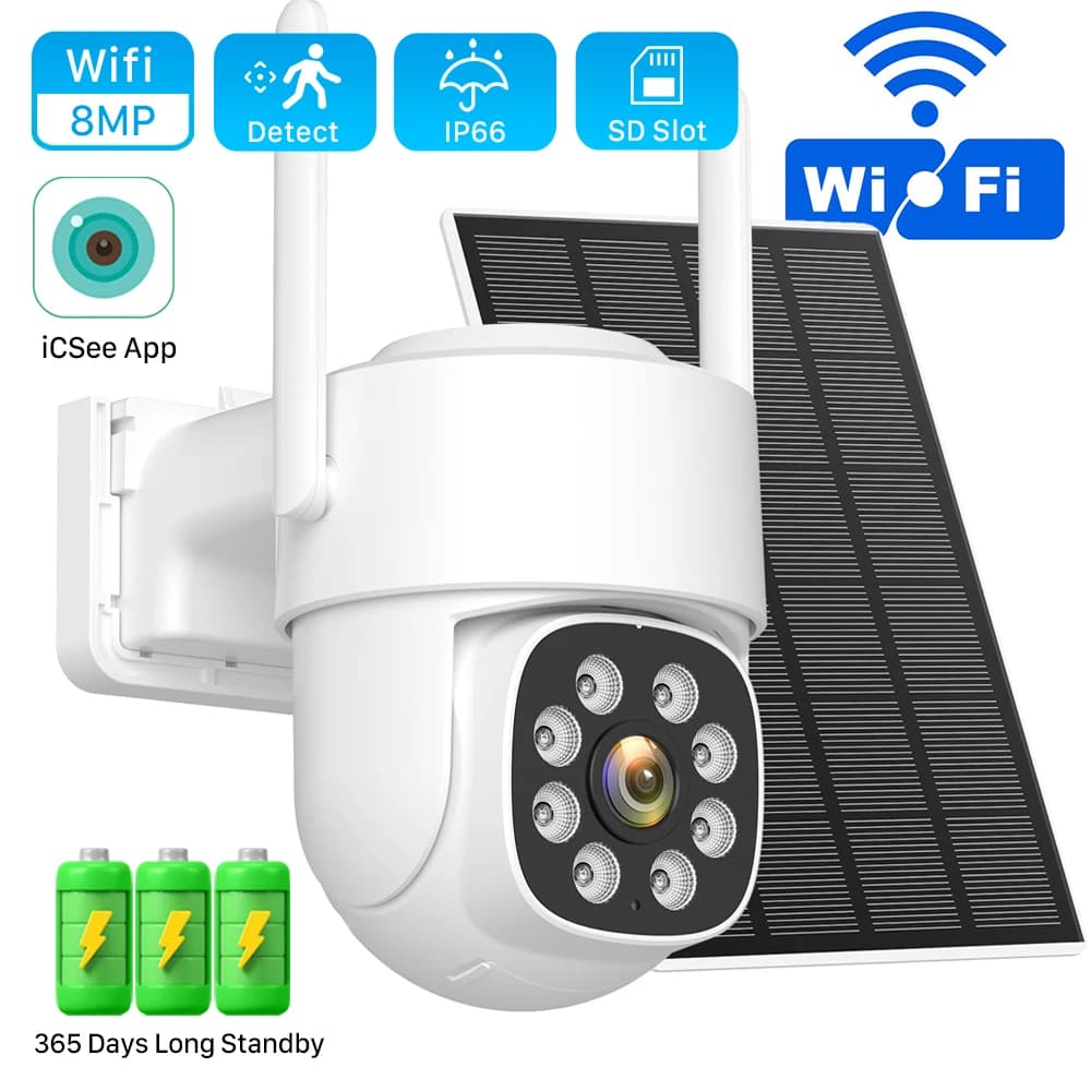 Caméra solaire Wifi sans fil, enregistrement 24/7, caméra AOV extérieure, Zoom 4X, batterie intégrée