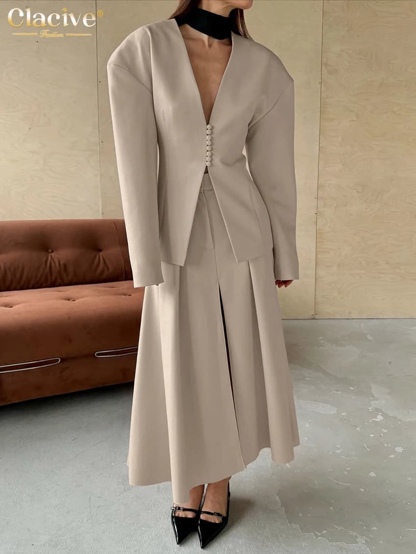 Clacive mode ample kaki bureau femmes deux pièces ensemble 2025 élégant chemise à manches longues av