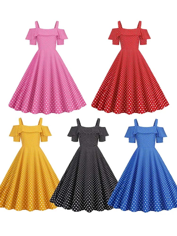 Robe de soirée Vintage élégante pour femmes, épaules dénudées, à pois, à volants, ligne A, robes mi-