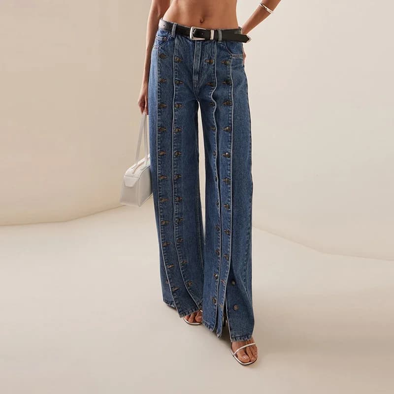 Femmes printemps automne élégant bouton jean pantalon 2025 nouveau Vintage Denim Long Vintage pantal