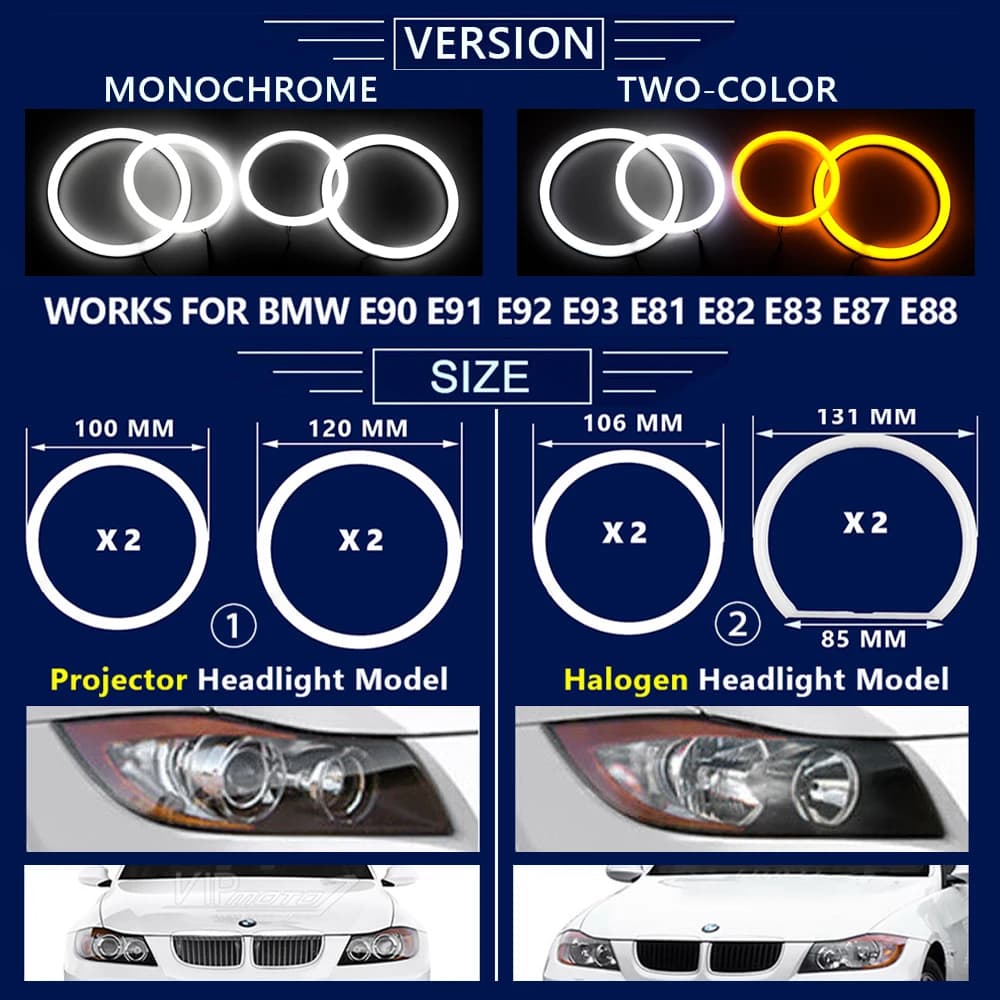 Lampes en forme d'yeux d'ange pour BMW, 2 x(131MM + 106MM) LED double couleur, anneaux en coton, SMD