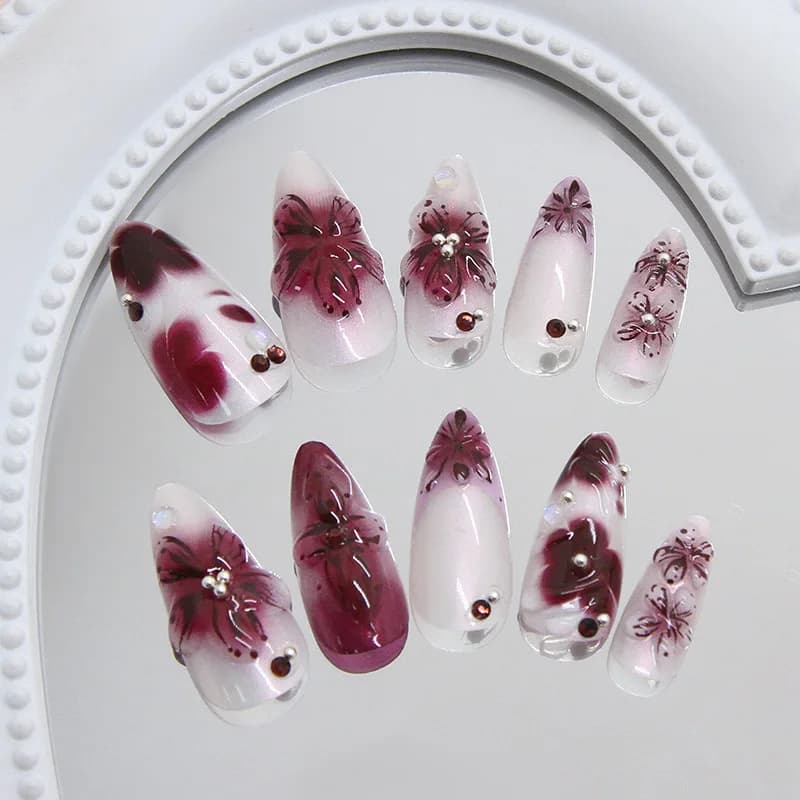 24 pièces fleur impression presse sur ongles vin rouge Blush amande faux ongles conseils portable ré
