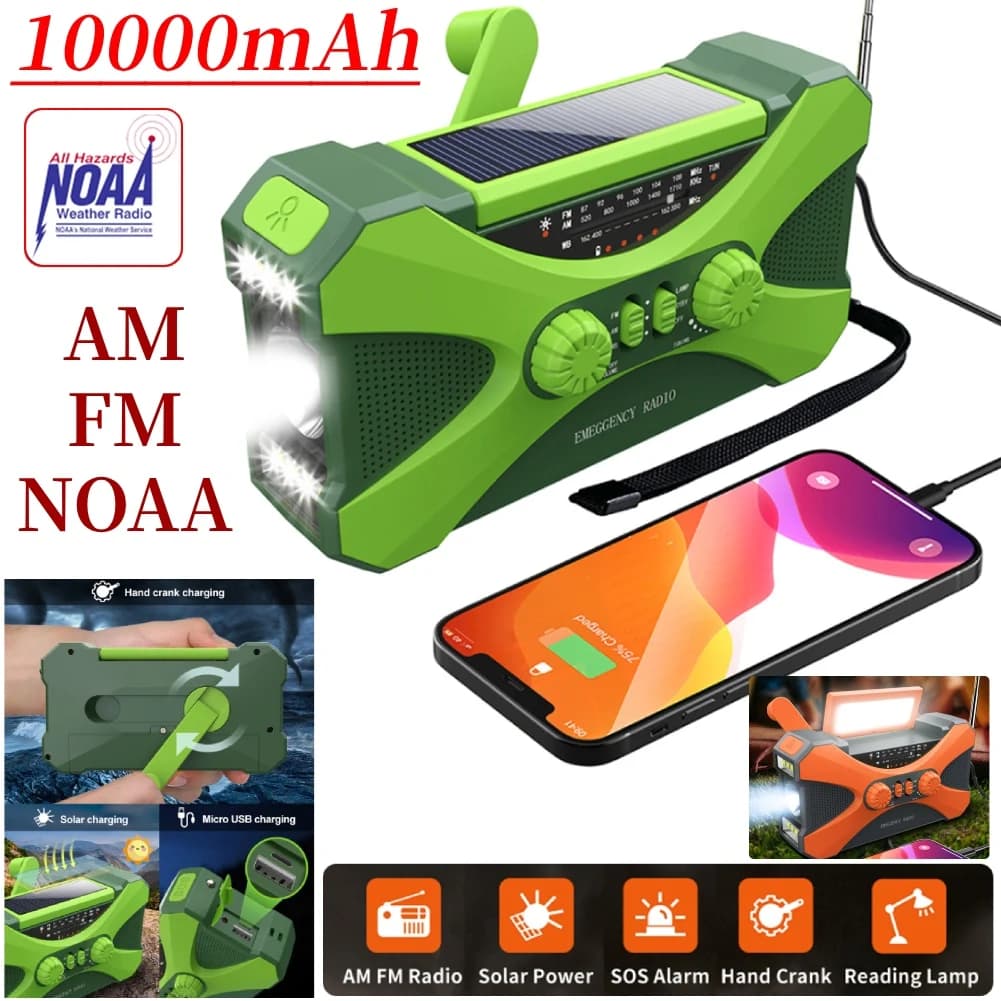 Radio multifonctionnelle à manivelle solaire, charge USB, radio météo, lampe de poche LED d'urgence,