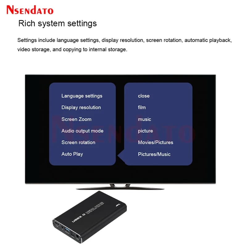 Lecteur multimédia 4K Full HD H.265 MKV USD3.0 avec fonction Auto Play pour USB OTG SD AV TV AVI RMV