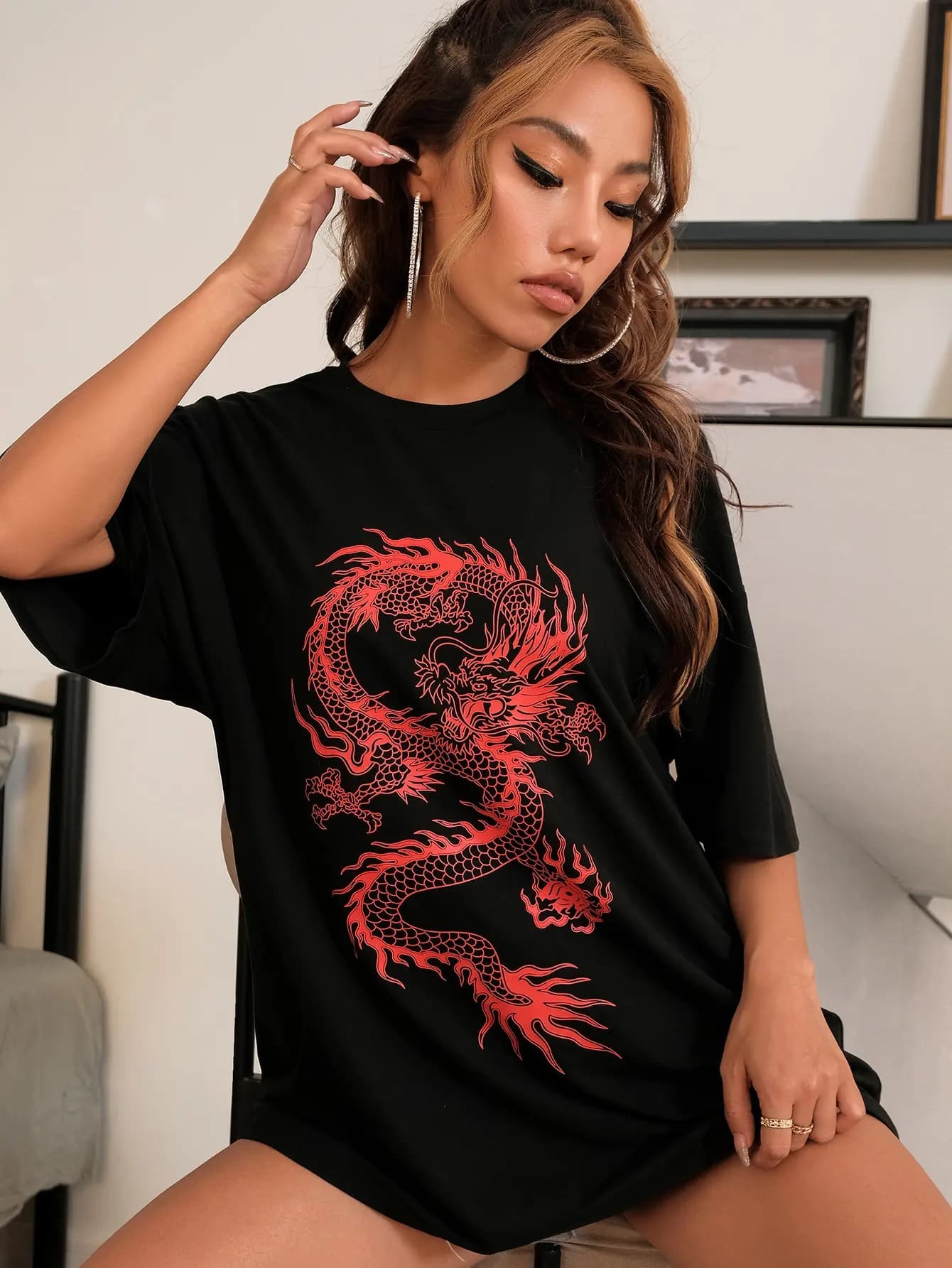 T-shirt manches courtes femme 100% coton, estival et surdimensionné, avec motif dragon rouge chinois