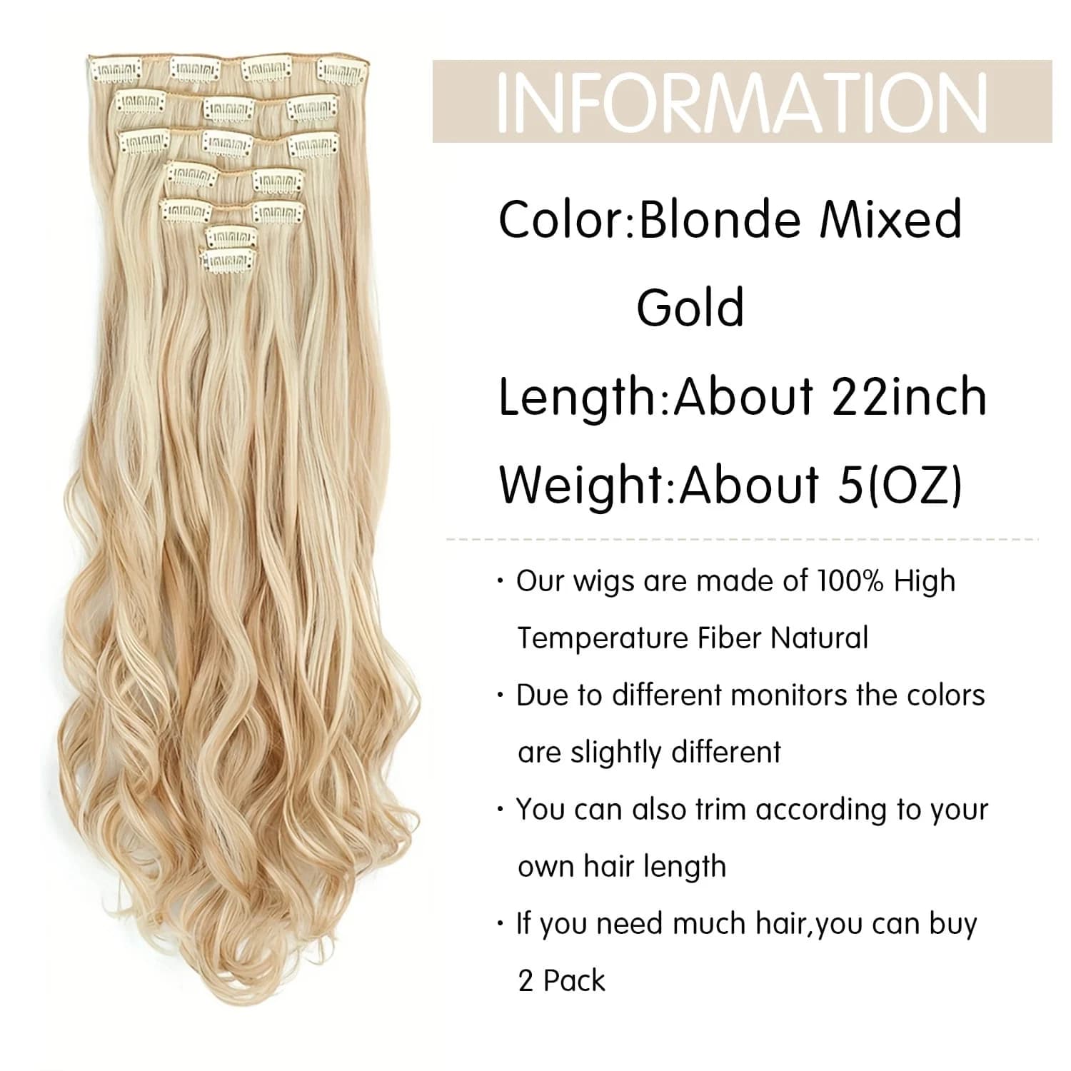 Extensions capillaires synthétiques à clips, 7 pièces, tête complète de 22 pouces, longues, bouclées