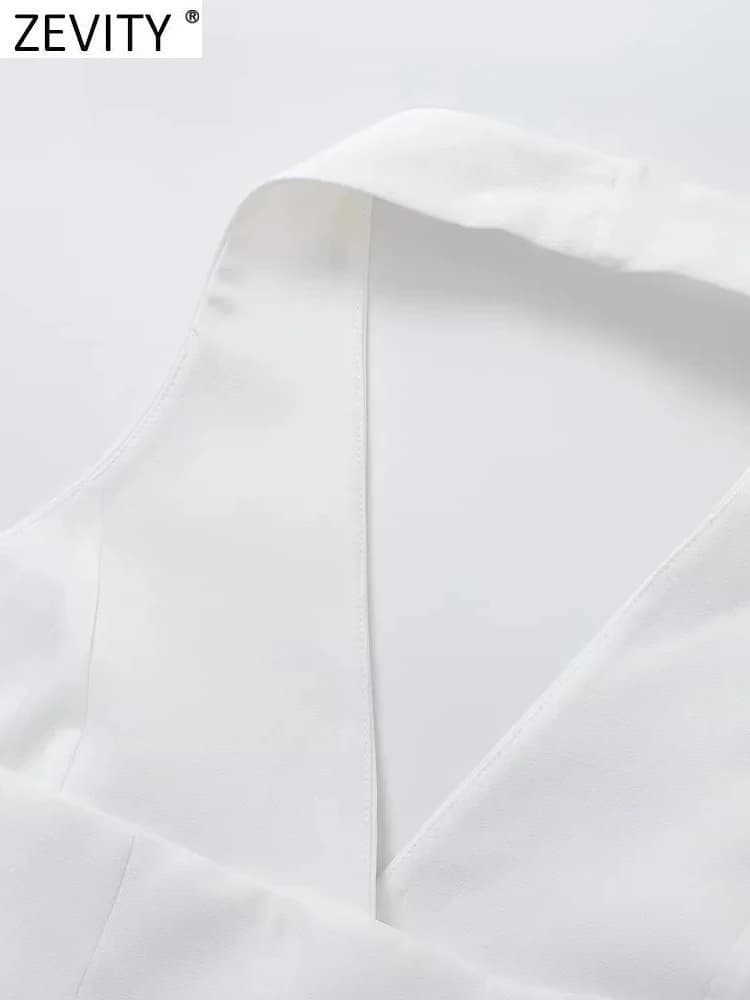 Zevity femmes mode simple boutonnage fleur conception blanc licou gilet veste bureau dames sans manc