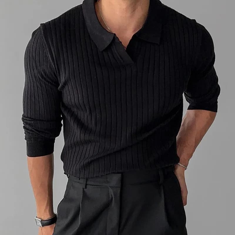 Polo de luxe en Jacquard tricoté pour hommes, col en v, couleur unie, manches longues, populaire cor