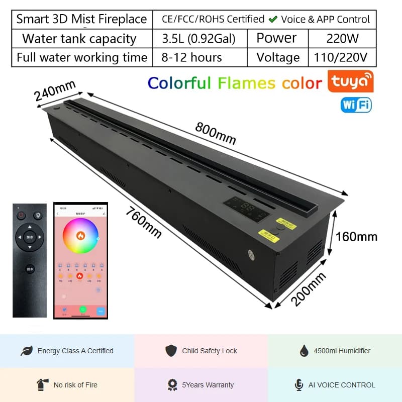 Cheminée électrique à brume décorative, avec humidificateur, télécommande, flamme LED, décor de pièc