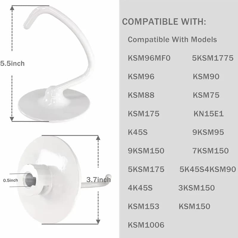 Crochet à pâte revêtu KitchenAid, compatible avec les mélangeurs sur socle K45dh KitchenAid KSM90, K