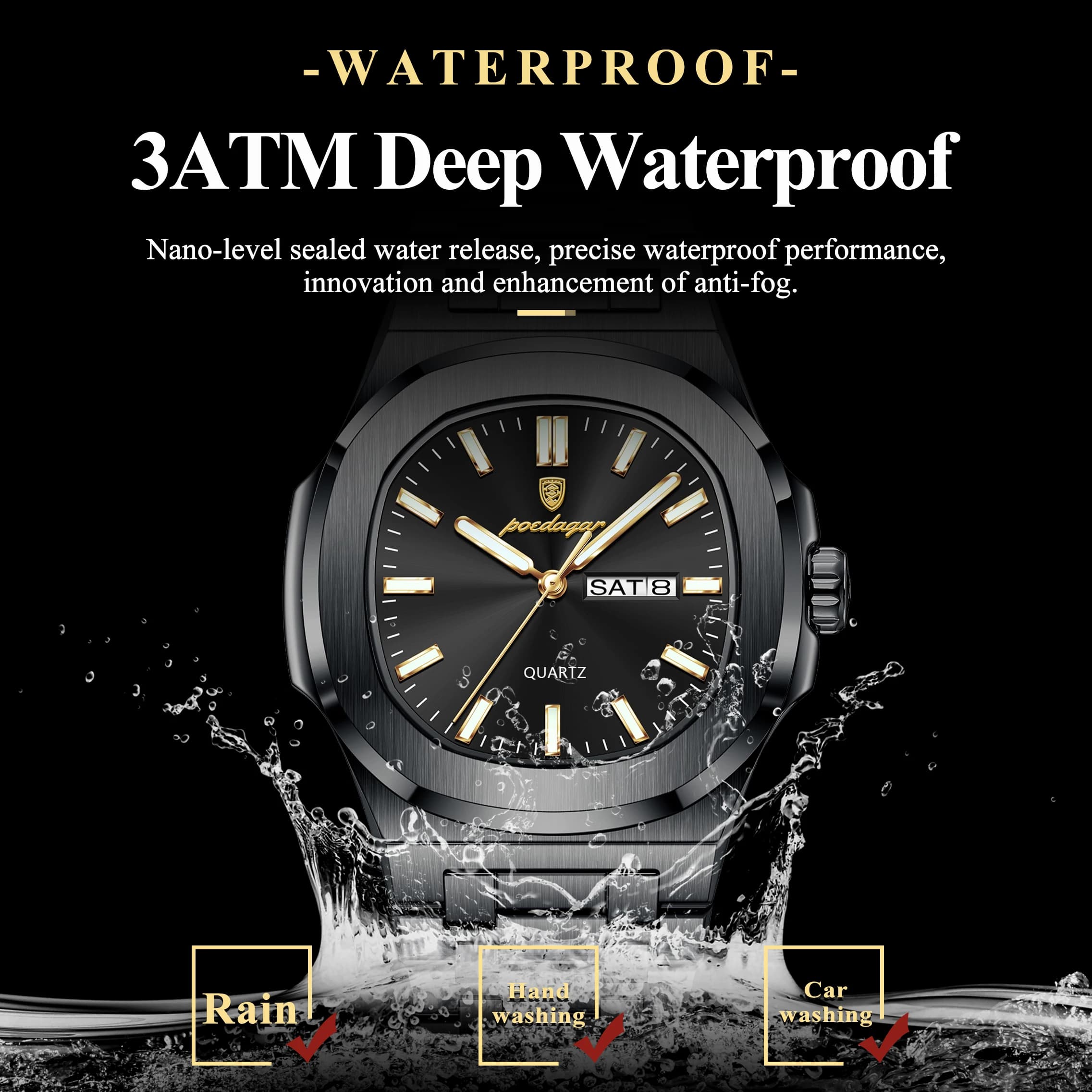 POEDAGAR luxe carré hommes montres étanche lumineux Date semaine hommes montre en acier inoxydable m