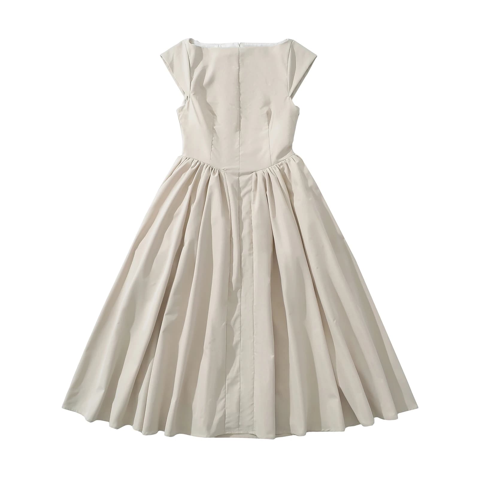 Robe mi-longue taille basse à manches courtes pour femmes, col slash sexy, dos nu évidé, robe trapèz