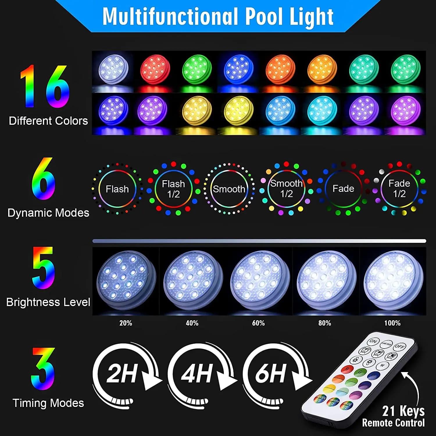 Lumières submersibles sous-marines rechargeables pour piscine, avec télécommande, étanche IP68, lumi