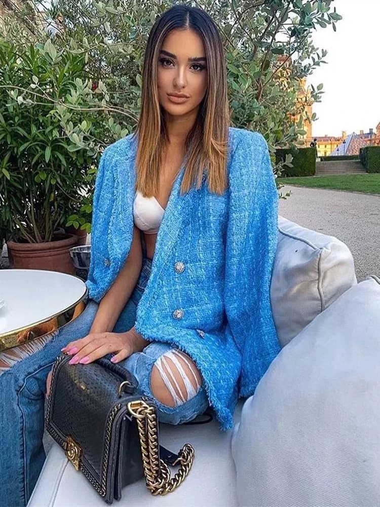 Tweed – veste Vintage ample et élégante pour femme, vêtement d'extérieur Chic, à la mode, décontract