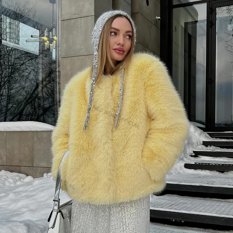Neo Mint Cool Street Girls hiver mode moelleux fourrure de renard veste femmes décontracté col rond 