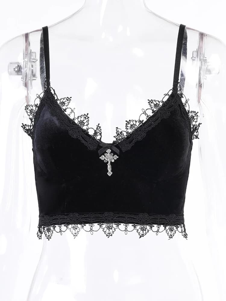 Velours Y2K centre commercial Goth culture hauts noir dentelle garniture Emo Alternative esthétique 