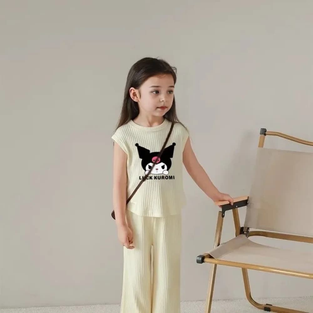Ensemble 2 pièces été 2026 Kuromi Anime Kawaii : Débardeur et pantalon en soie glacée pour bébé, vêt