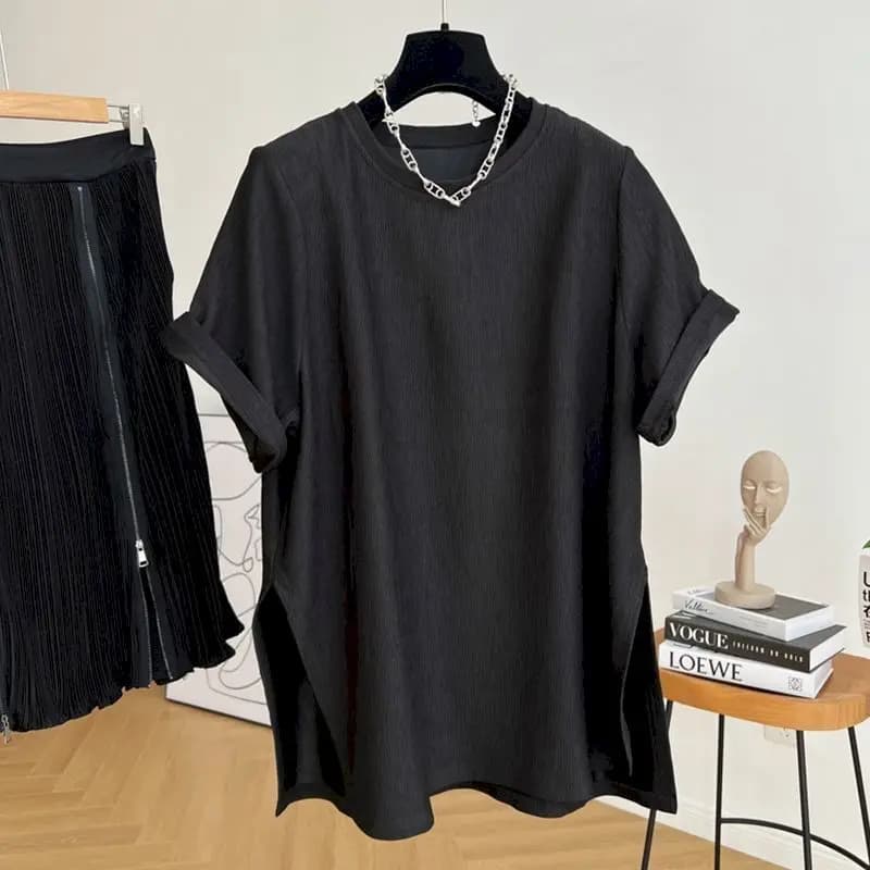 T-shirt Respiré à Manches Courtes pour Femme, Vêtement Fendu, Plissé, à la Mode, Couleur Unie, Tenda