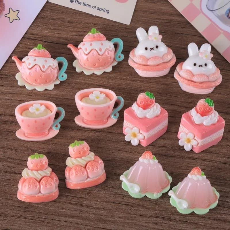 10 pièces d'accessoires en résine faits à la main pour gâteau à la crème aux fraises, thé de l'après