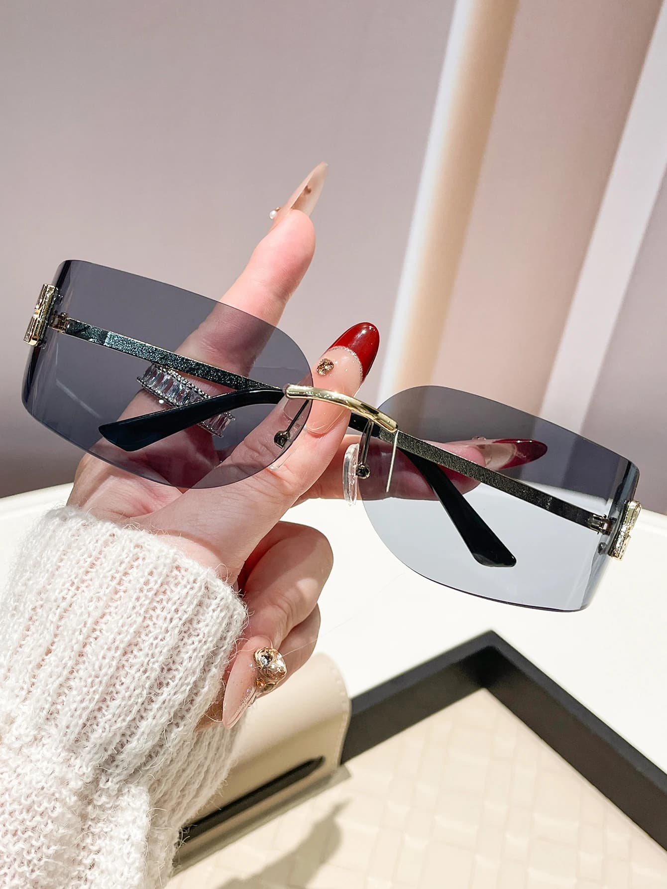 Lunettes de soleil carrées rétro unisexes sans monture, 1 paire, verres larges, multifonctionnelles,