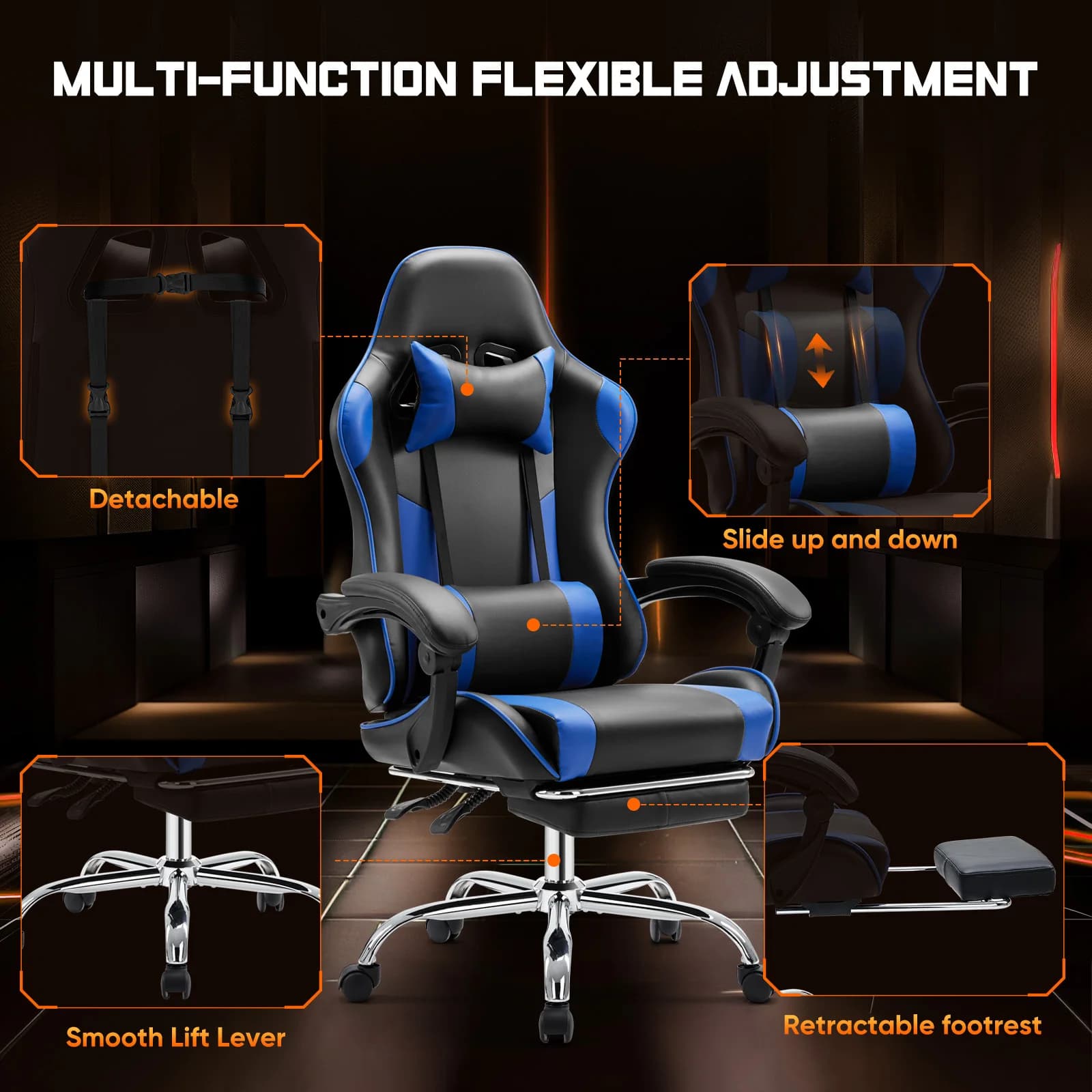 JHK chaise de jeu de course ergonomique pivotante réglable en cuir PU avec appui-tête et soutien lom