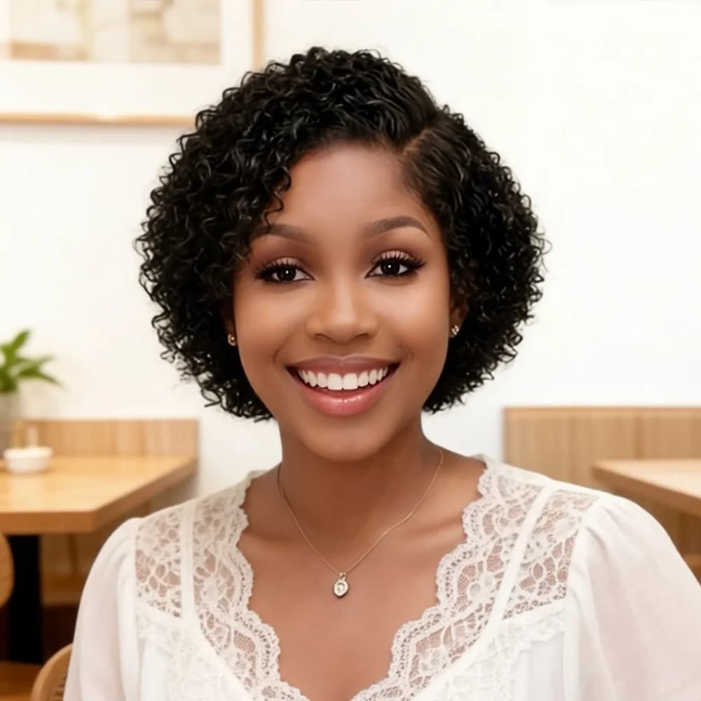 Perruque élégante en cheveux humains Remy, coupe pixie ondulée bouclée, avec dentelle frontale 13x4x