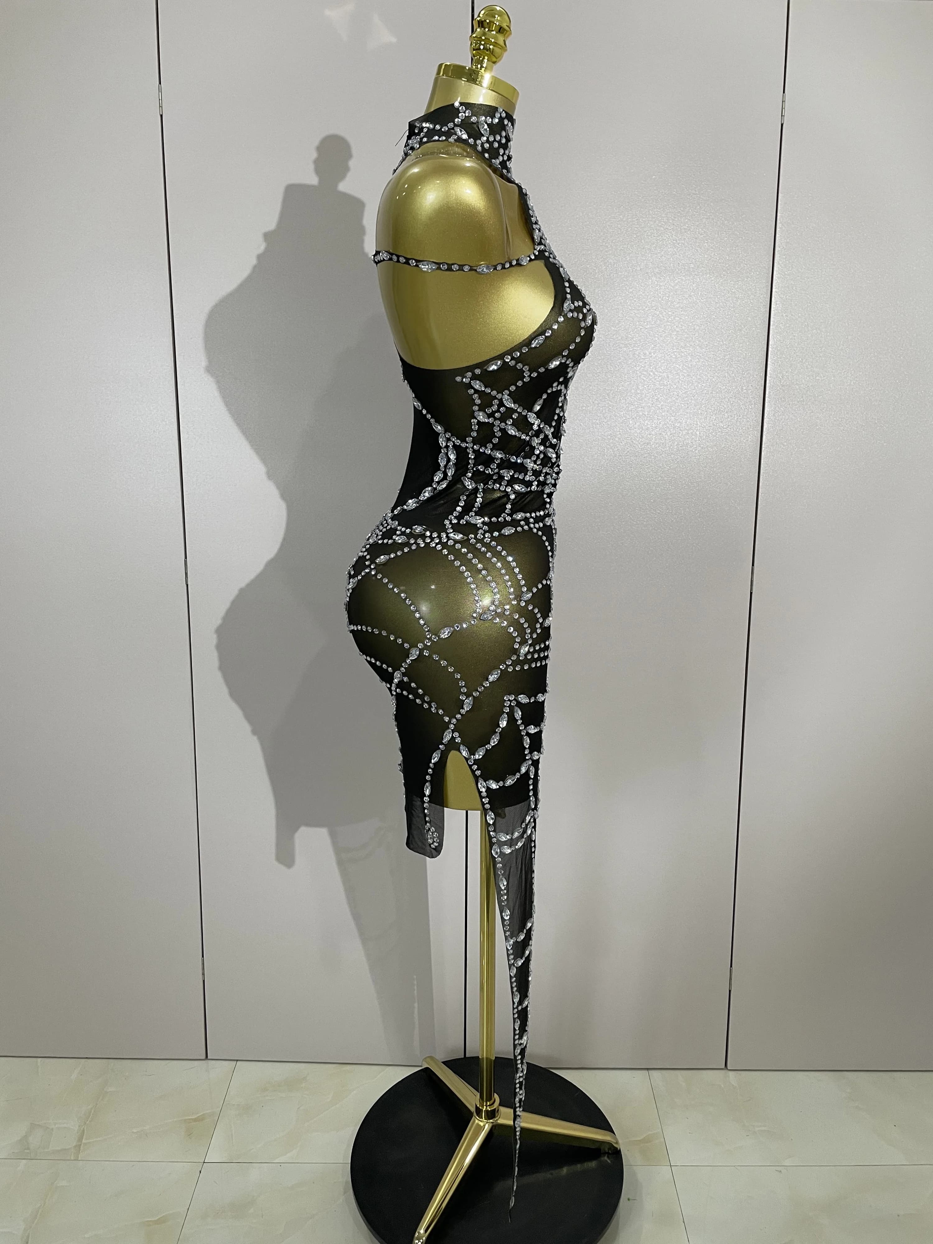 STOCK brillant diamant Sexy maille asymétrique moulante Mini robe femmes discothèque Bar fête specta