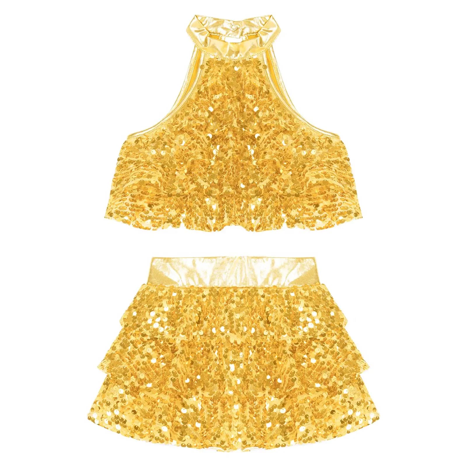 Haut court à plusieurs niveaux avec jupe pour enfants, paillettes brillantes pour filles, ensemble d
