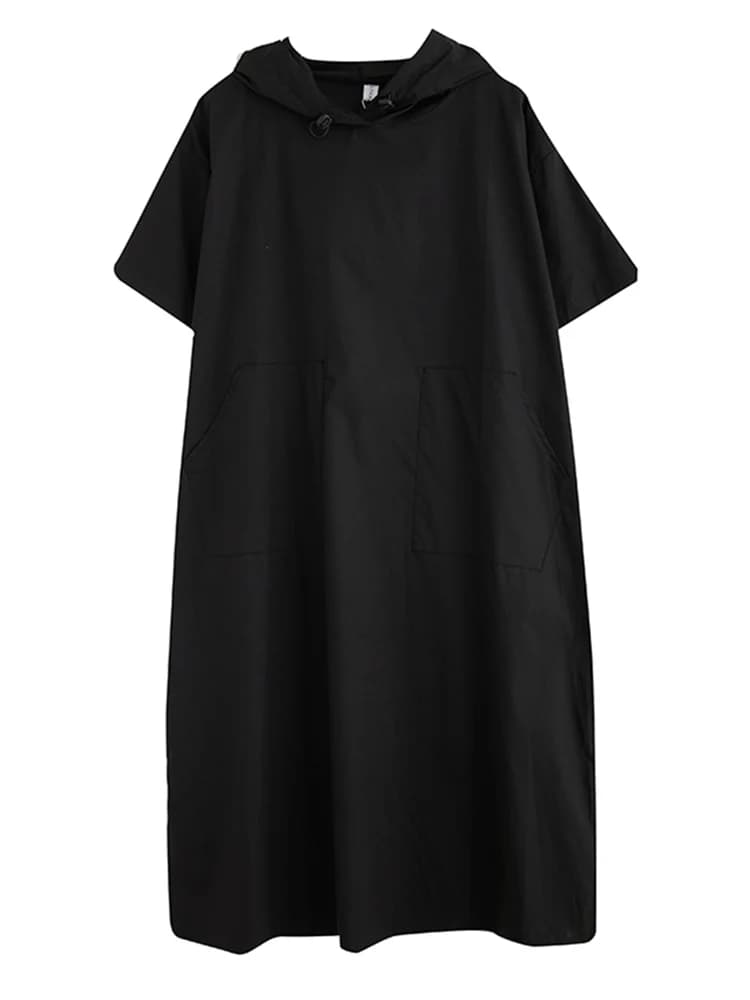 Nouvelle Robe Longue Décontractée Noire Vintage Oversize à Capuche et Manches Courtes pour Femme – T