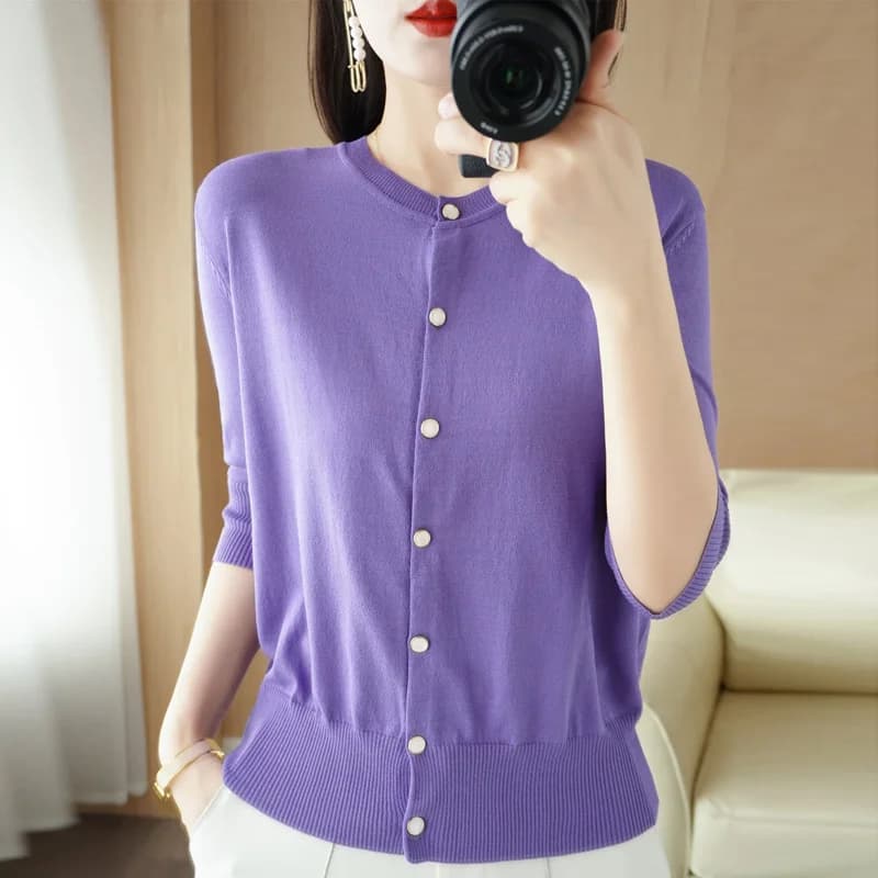 Pull Cool en Rayonne à Col Rond pour Femme, Cardigan Trois Quarts Décontracté, à la Mode, avec des D