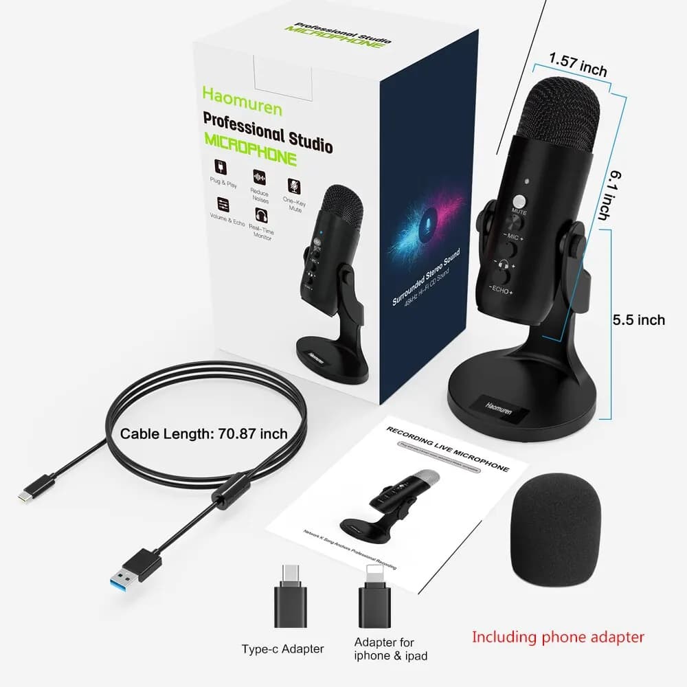 Haomuren Microphone USB pour PC Mac enregistrement de jeu Streaming Podcast, micro à condensateur po