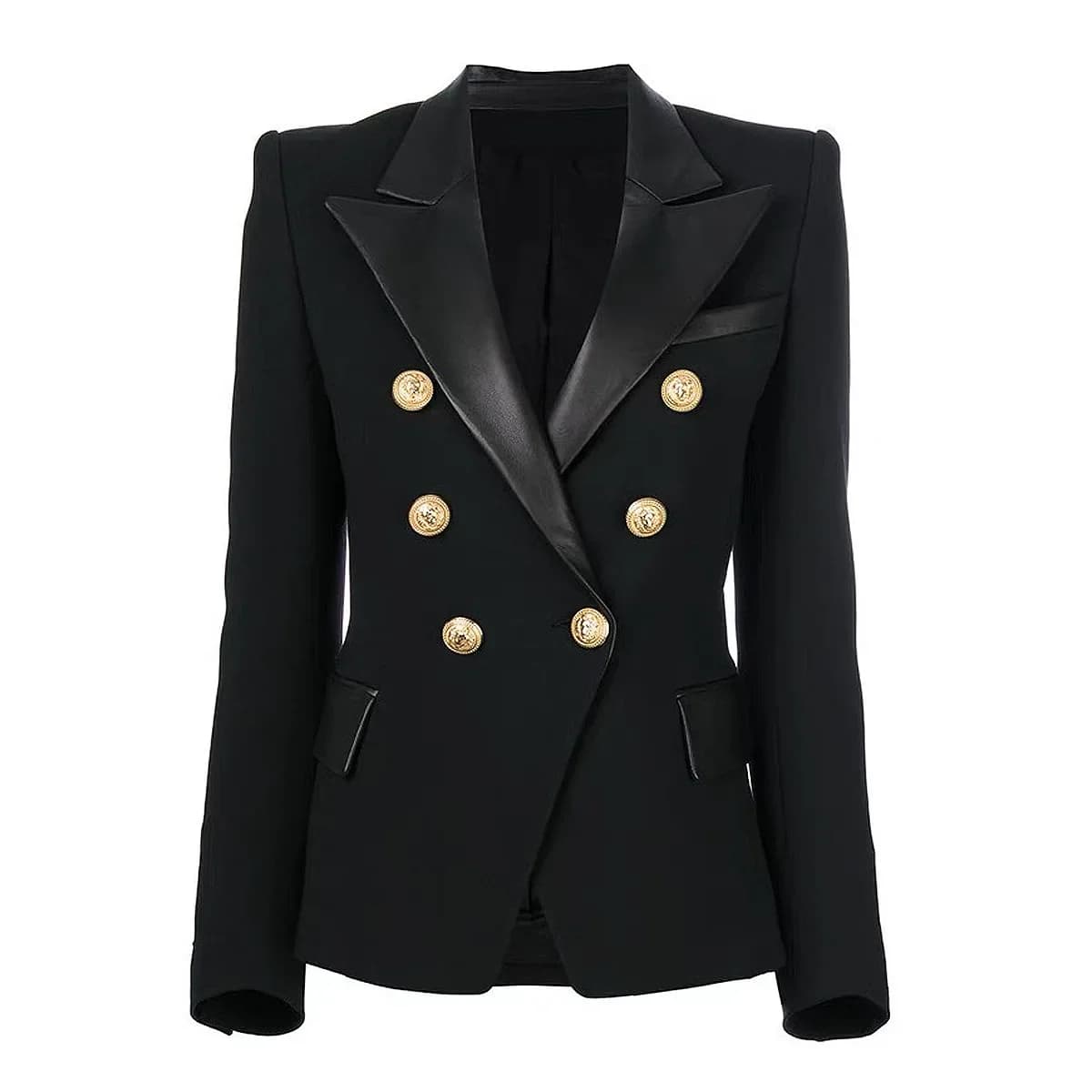 Automne hiver mode couture en cuir PU coupe ajustée à manches longues revers Double boutonnage costu