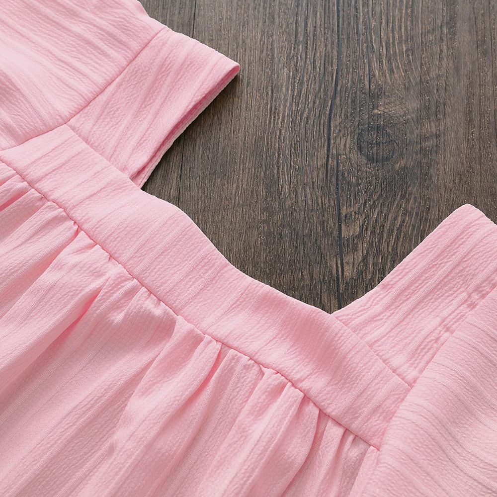Costume pour enfants, Style vacances, couleur unie, broderie de fleurs, col carré, haut à manches co
