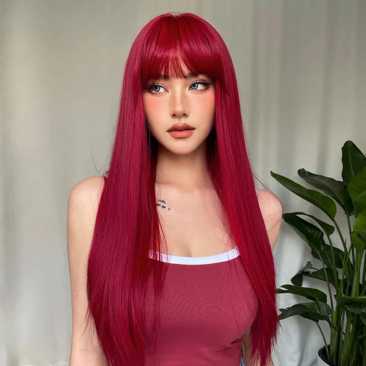 Perruque Synthétique Rouge Vin Clair avec Frange pour Femme, Cheveux Longs et Lisses, Cosplay Nature