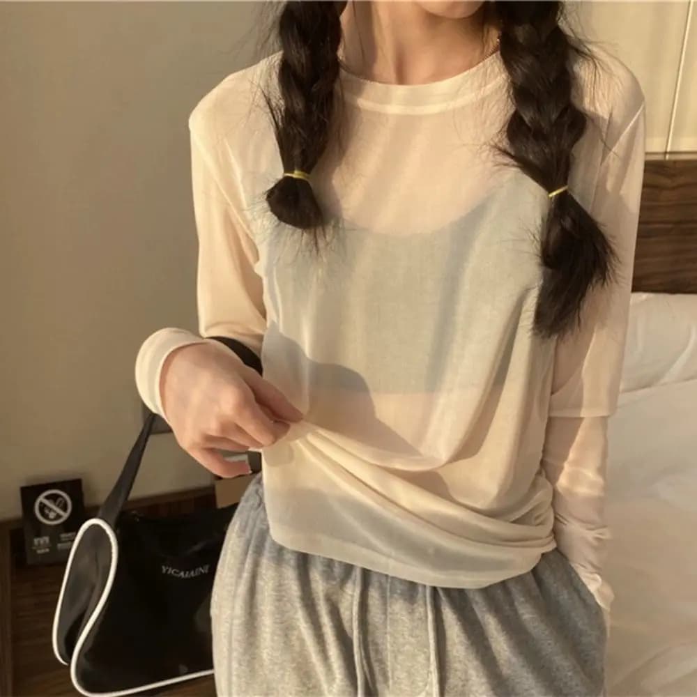 T-shirt à manches longues et col rond pour femmes, haut d'été, chemises à fond, vêtements de protect