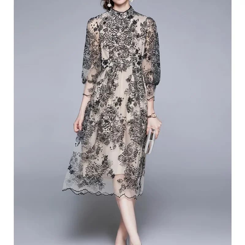 Robe de Soirée Sexy en Maille Brodée pour Femme, Col Montant, Manches Lanterne, Chic, Élégante, Tail