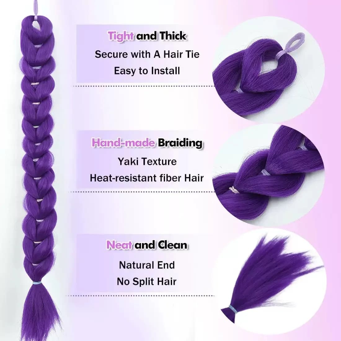 Extensions de cheveux synthétiques violets pré-tressés de 26 pouces avec élastique, pour costumes d'