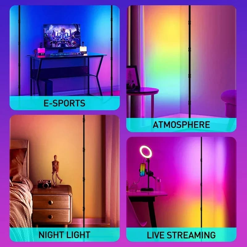 Lampadaire d'angle intelligent RGBIC 180cm, application Tuya et télécommande, couleurs et effets rég