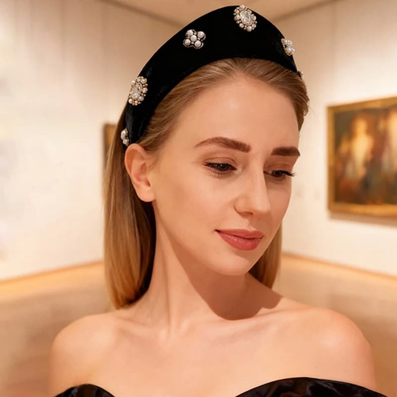 Bandeau en velours européen et américain pour femmes, bandeaux avec diamants et perles, cerceau pour