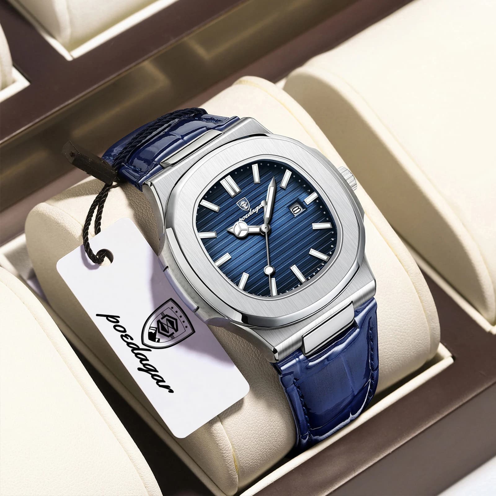 POEDAGAR Top carré homme montre Date étanche lumineux luxe hommes montre-bracelet de haute qualité e
