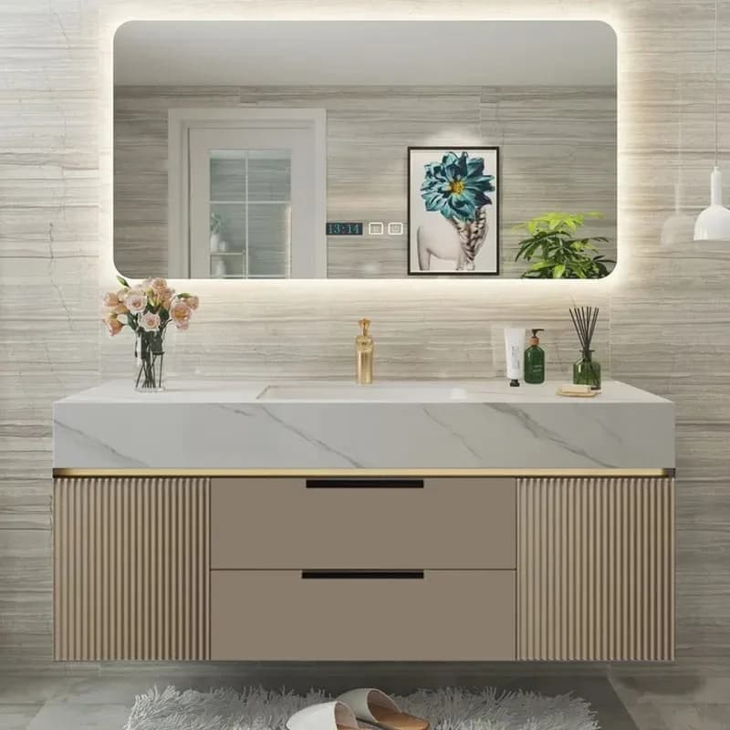 Meuble de salle de bain de luxe en bois avec tiroirs étanches, design élégant, ensemble complet de r
