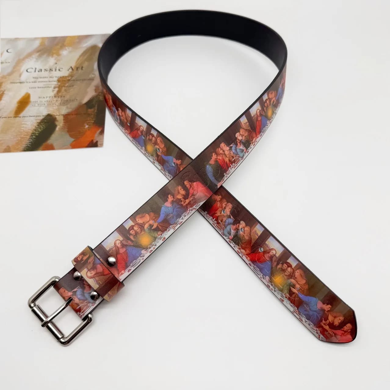 Ceinture large rétro style High Street, motif Dernière Cène, en cuir épaissi, avec boucle en alliage