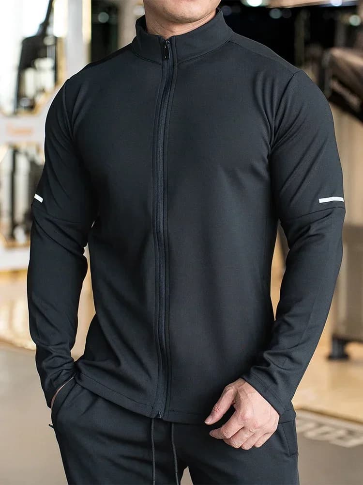 Sweat-shirt de sport à manches longues pour hommes, col montant, veste monochrome, jogging, entraîne