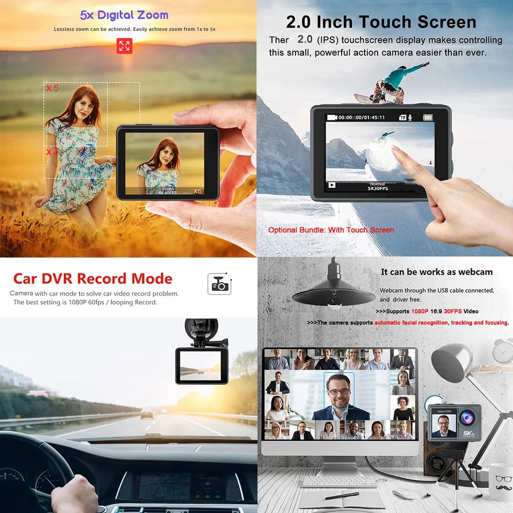 Caméra d'action 5K 4K60FPS double IPS tactile LCD DVR EIS 170 °   Caméra de sport étanche 30M, zoom 