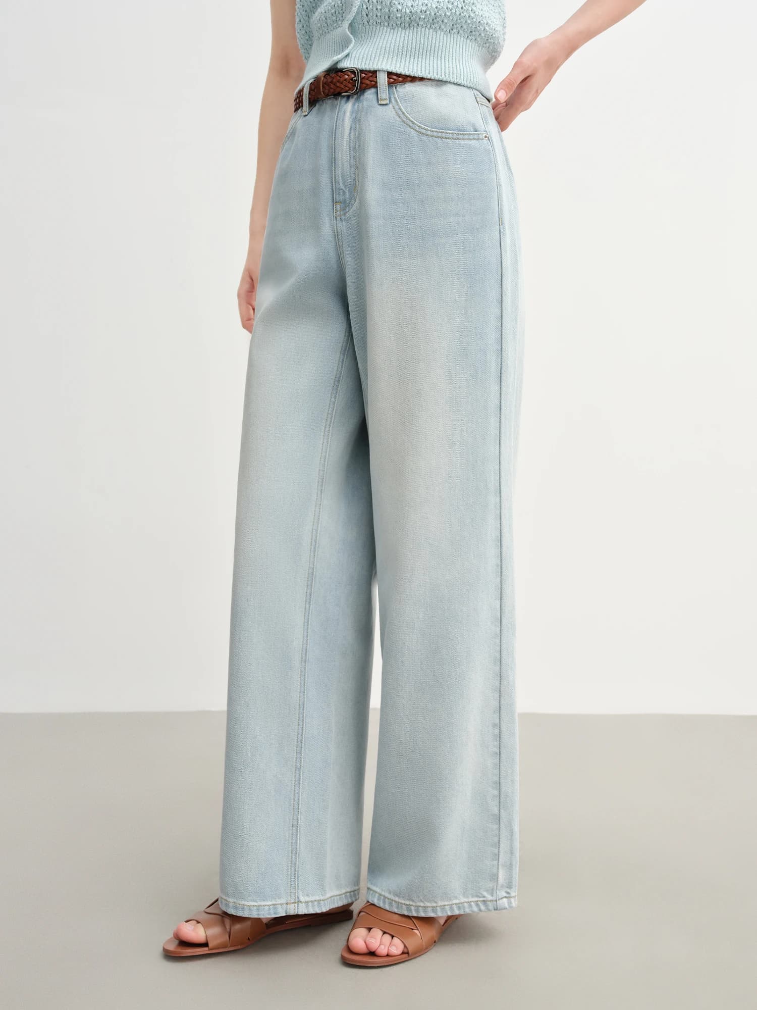 DUSHU jean de couleur claire été 2025 nouveau Style à la mode tout-match taille haute rayé couture p