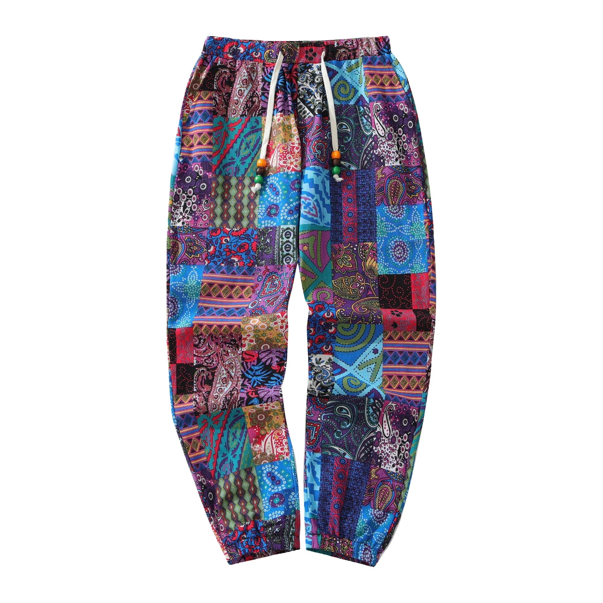 Pantalon Décontracté en Coton et Lin pour Homme, Imprimé Paisley Ethnique, Taille Moyenne, avec Ferm