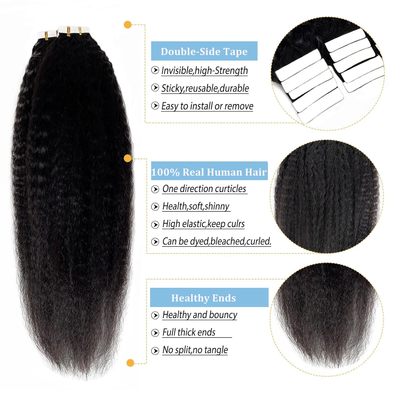 Bande dans les Extensions de cheveux humains crépus droits Extensions adhésives de cheveux brésilien