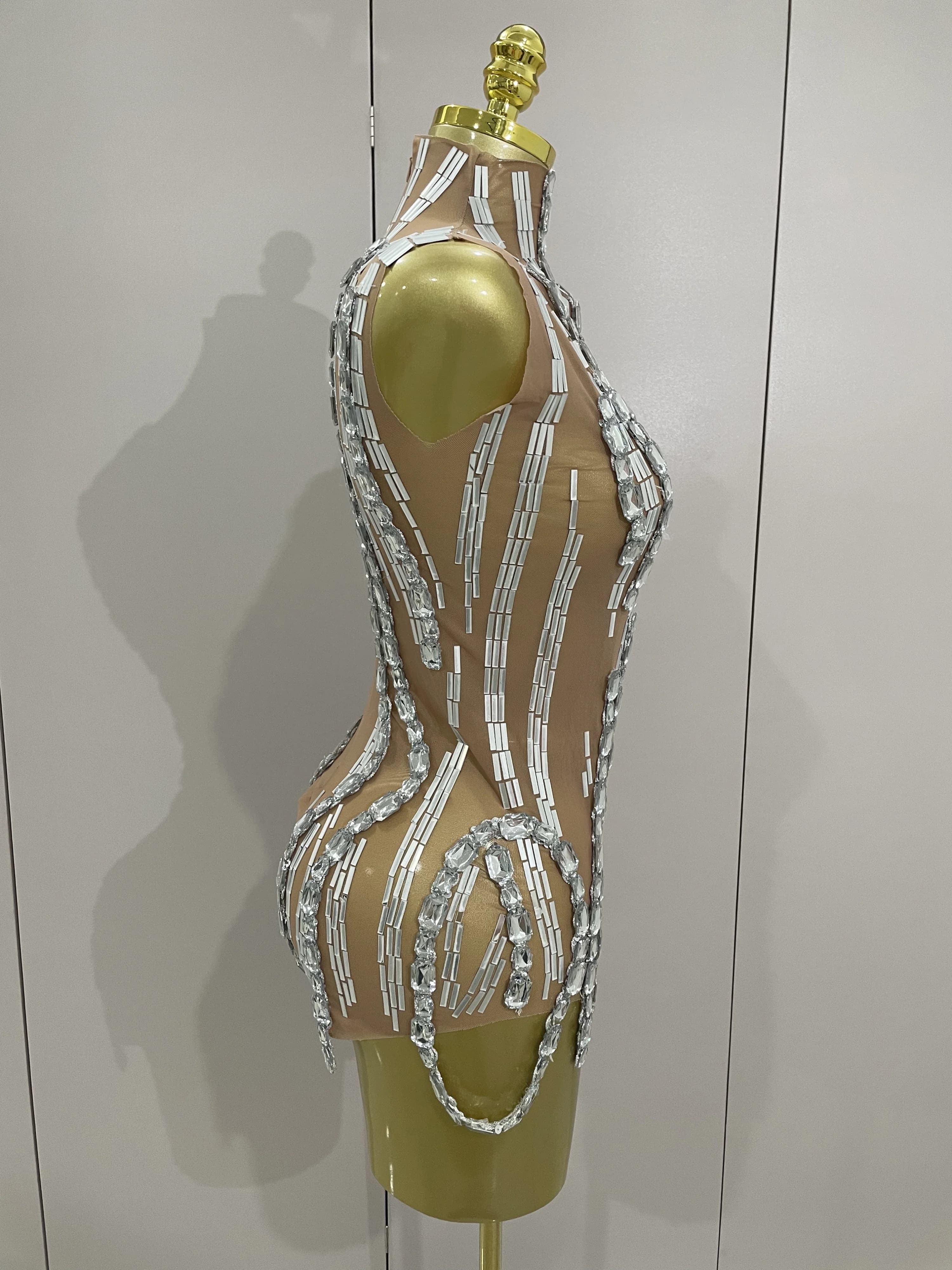 Chaîne de strass scintillante, body Transparent sans manches, Sexy, pour femmes, fête, discothèque, 