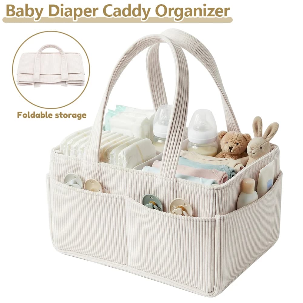 Organisateur de couches pour bébé en velours côtelé, panier de rangement pliable multi-poches avec p